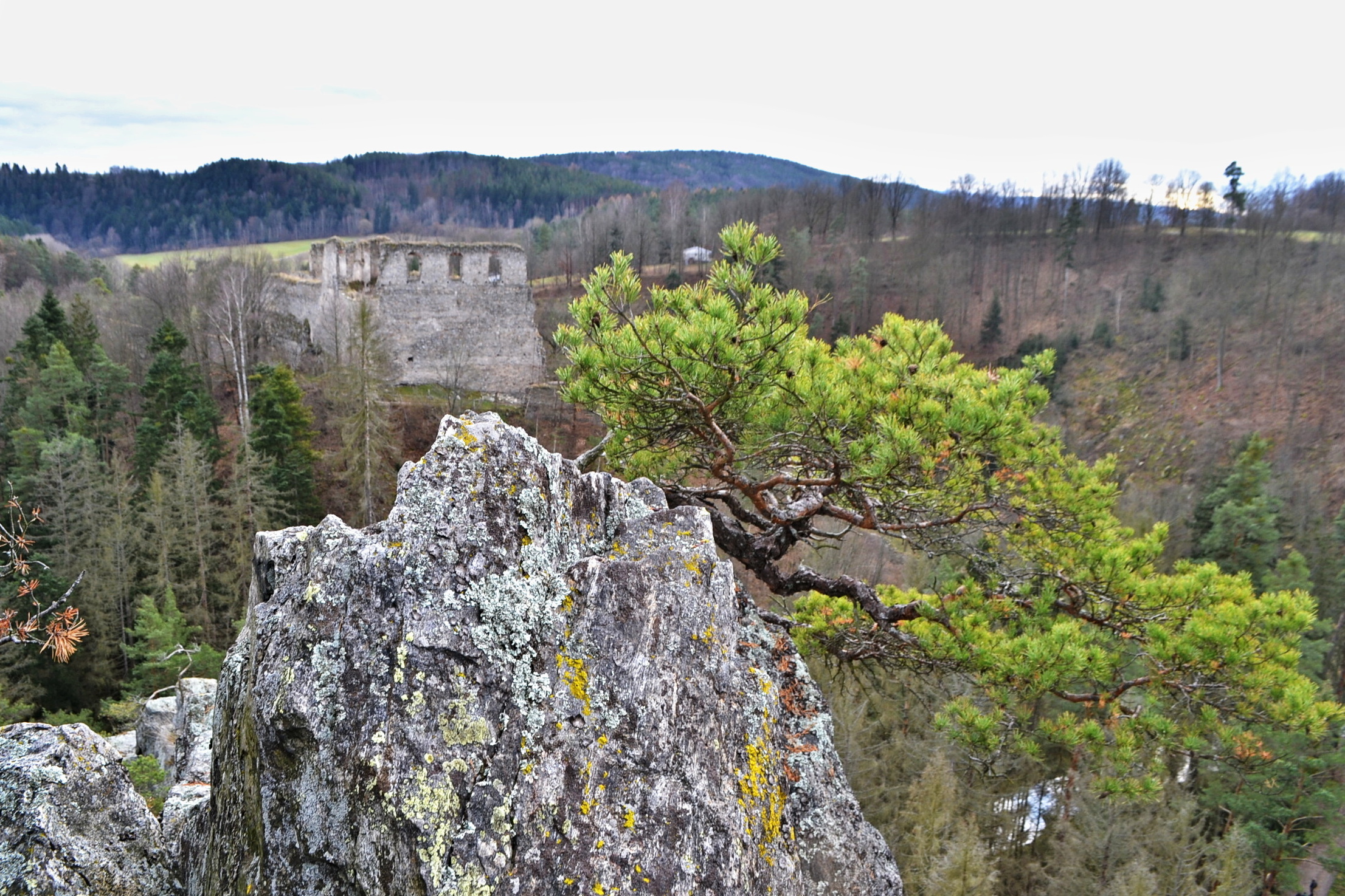 Zřícenina hradu Dívčí kámen ze skalního hřebenu